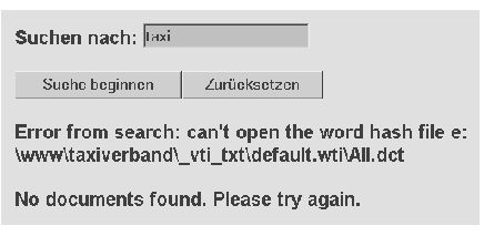 Die Suche nach taxi mittels der TVD-Suchmaschine bringt nur eine Fehlermeldung!